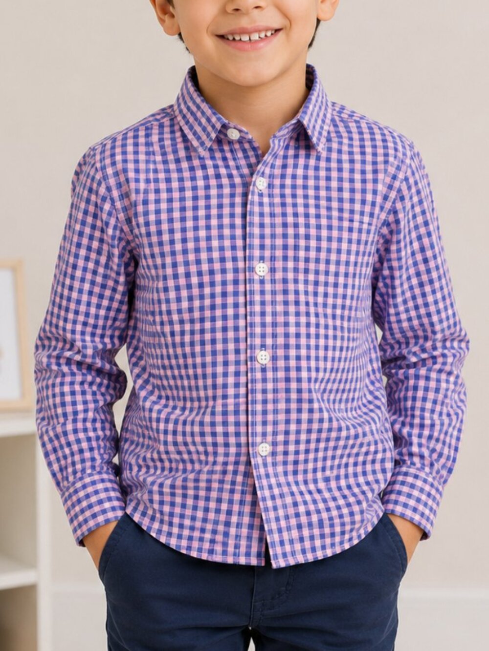 NAUTICA Boys Kids Blue Checkered Gingham Button Down Long Sleeve Shirt 4T